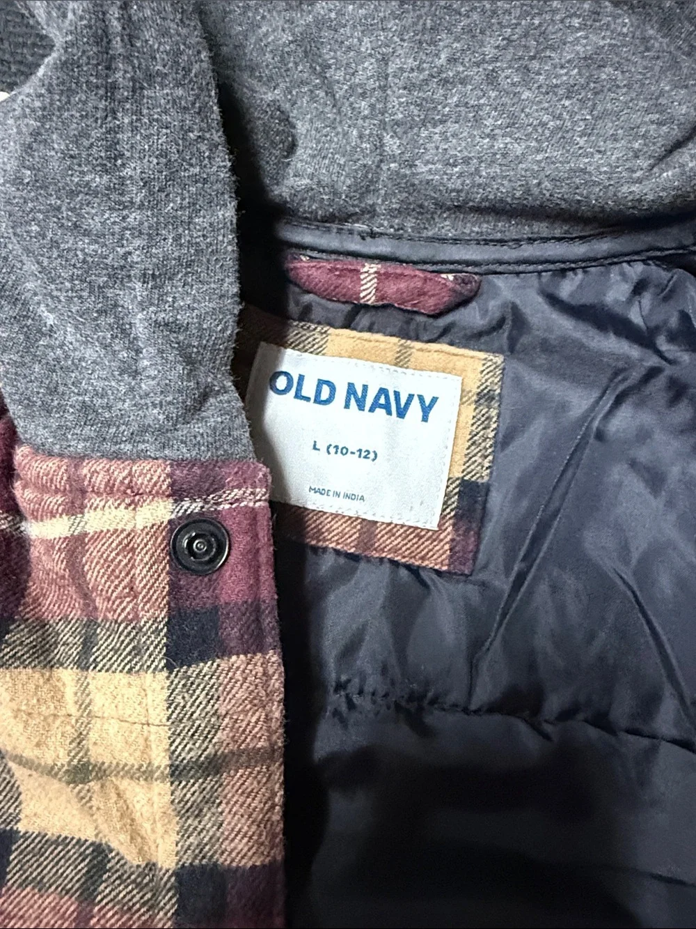 Old Navy Kids Plaid Hooded Puffer Jacket in Burgundy and Tan